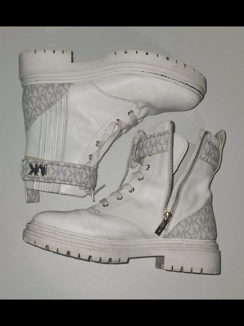 Michael Kors White MK Monogram Combat Boots Size 8.5